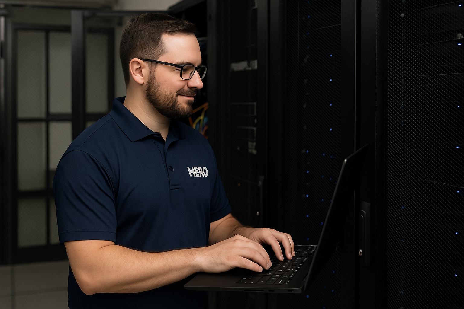 HERO Outsourced IT Engineer Working in Server Room HERO outsourced IT technician managing servers using a laptop in a secure data center.