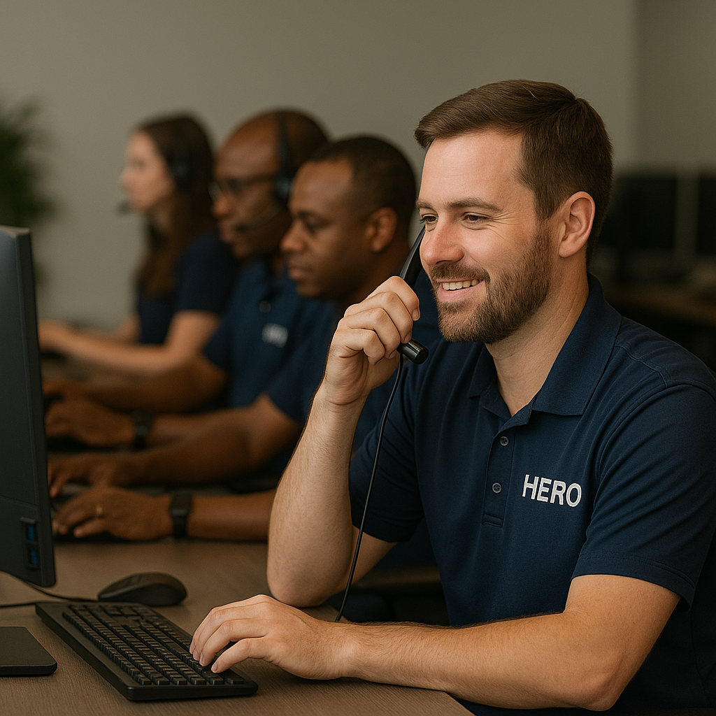 HERO IT support engineer on a headset assisting clients at a computer workstation