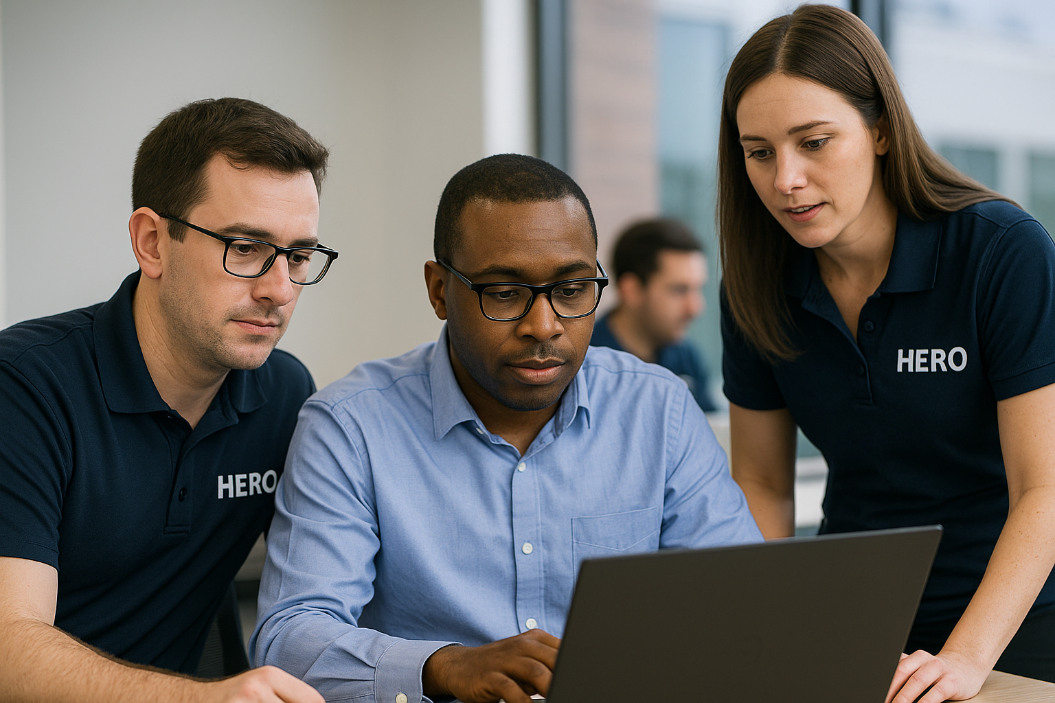HERO Co-Managed IT Team Collaborating with Internal IT Department IT engineers in HERO polo shirts collaborating with an internal IT team on a laptop in a modern office setting