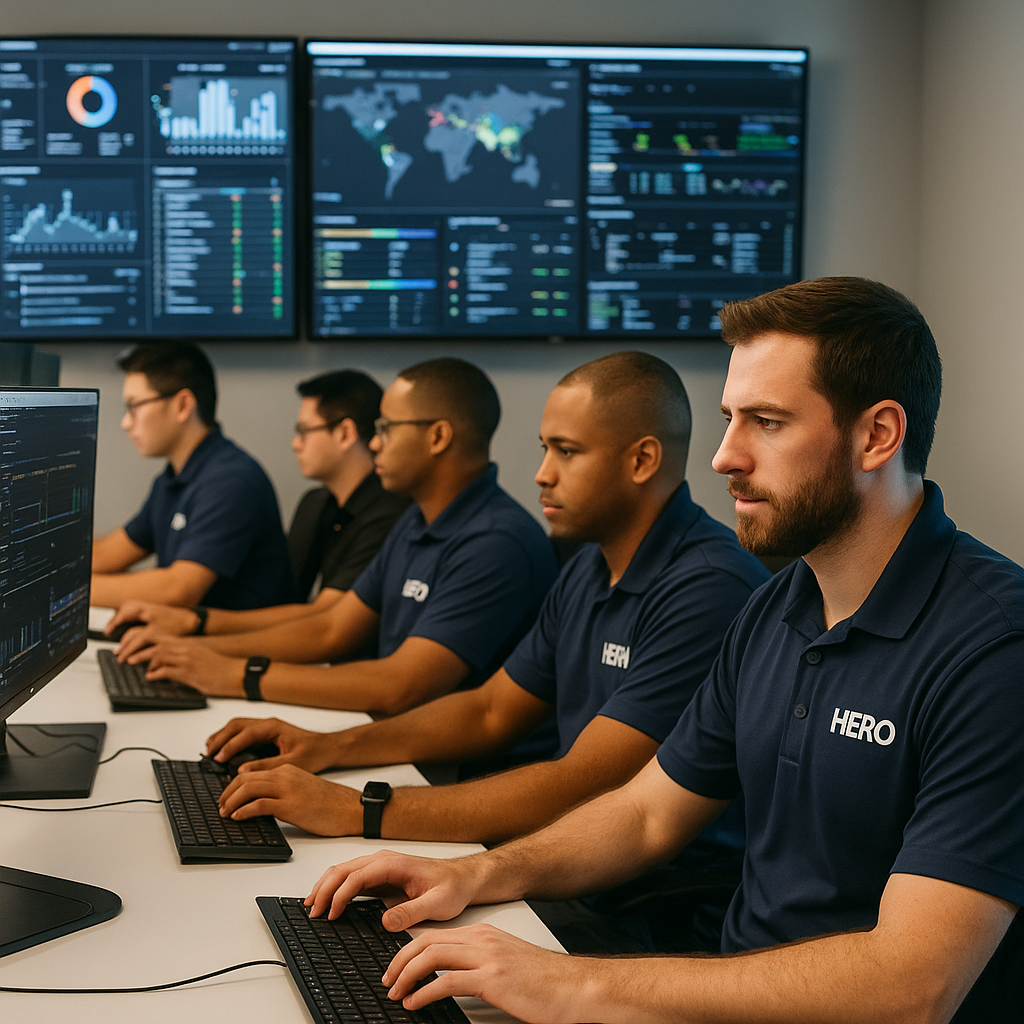 HERO network engineers collaborating at a workstation in a modern network operations center