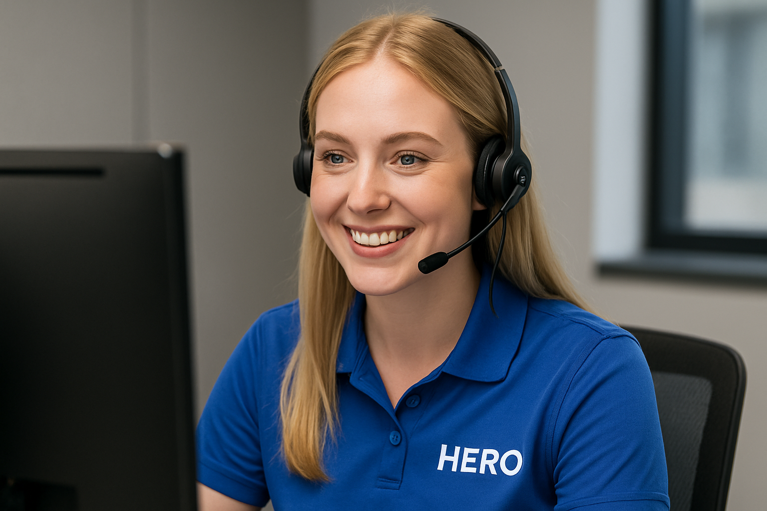 Blonde female HERO support technician wearing a headset and smiling while working at a computer