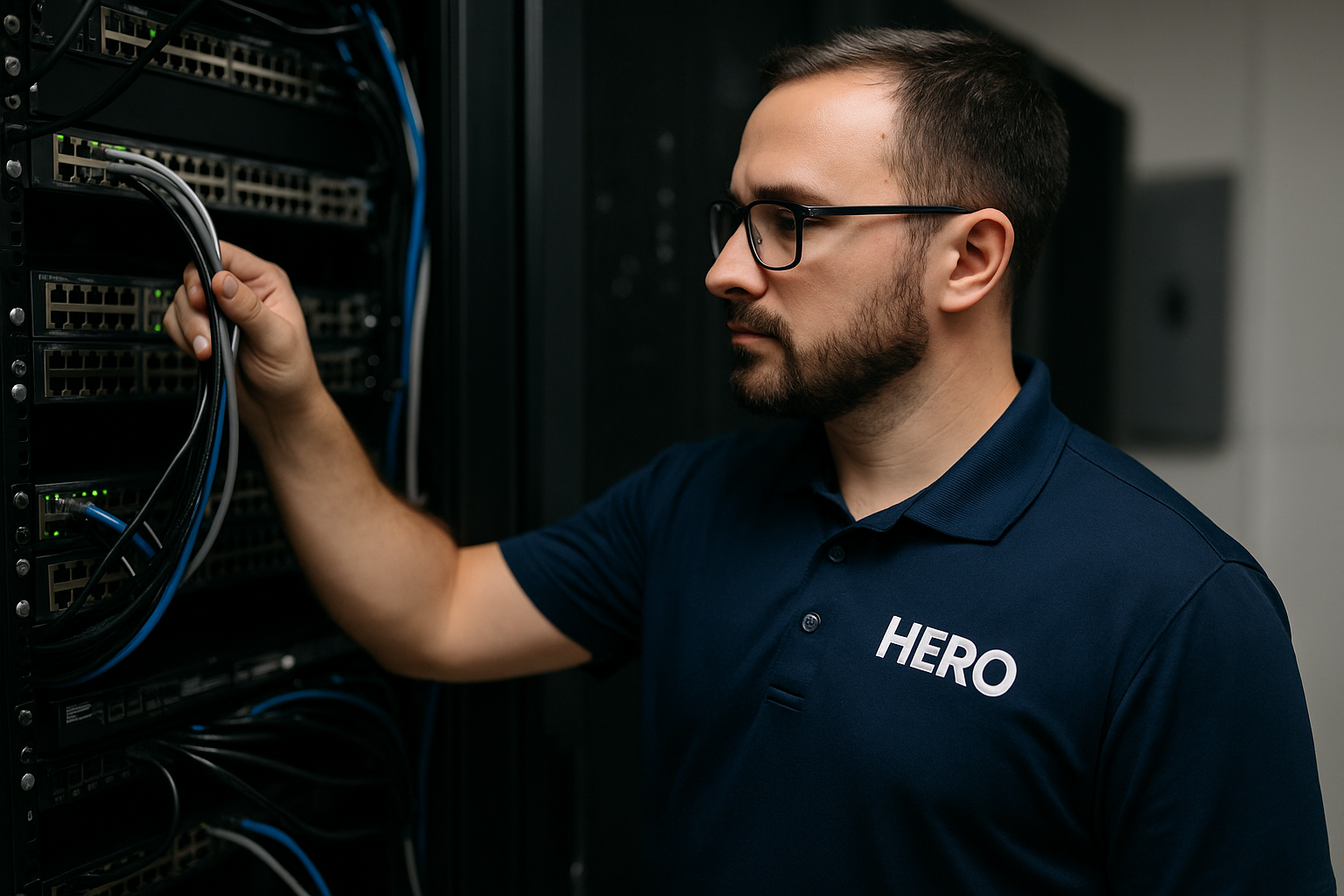 HERO outsourced IT technician managing server cables in a secure data center.