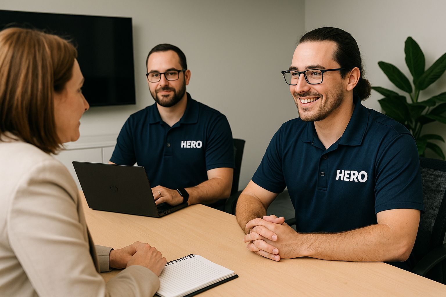 Outsourced IT Experts from HERO in Client Strategy Meeting HERO outsourced IT team meeting with a client to discuss business technology strategy.