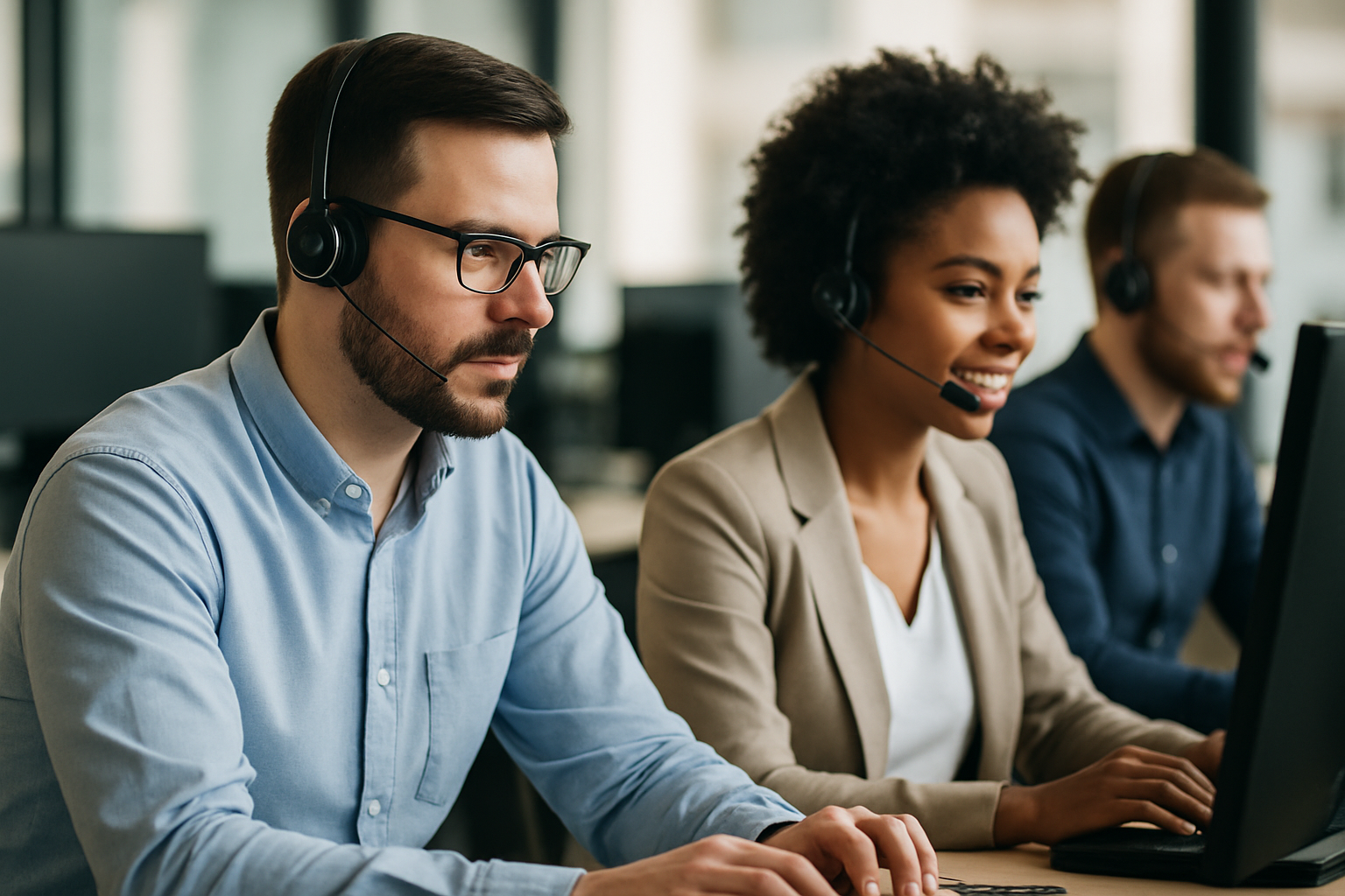 Team of professional help desk support technicians providing IT assistance in a modern office environment.