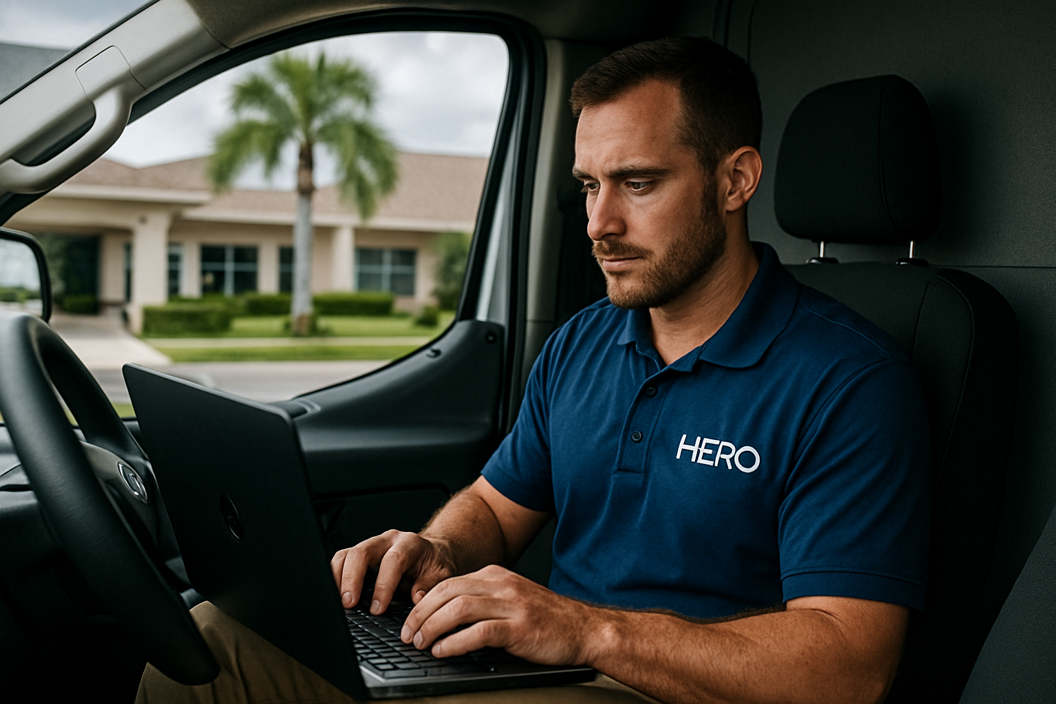 HERO Engineer Providing Help Desk Support Onsite HERO help desk technician working on a laptop inside a service van outside a client’s office.