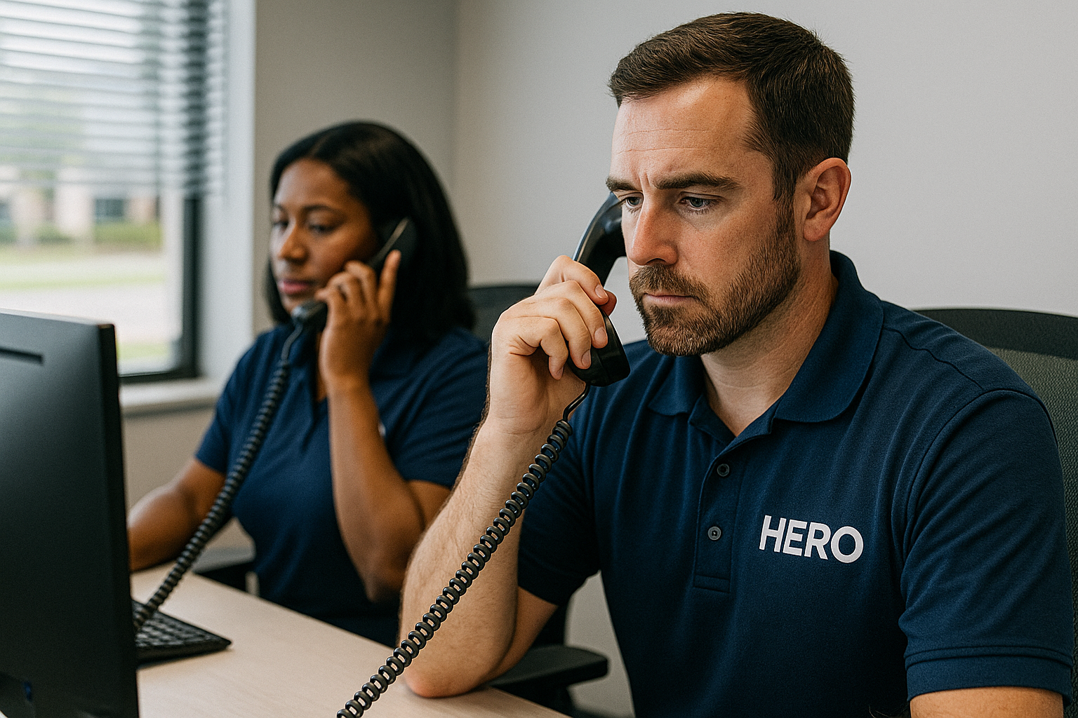 HERO Help Desk Engineers Delivering Phone-Based IT Support Two HERO help desk support engineers providing remote IT assistance over the phone in a modern office setting.