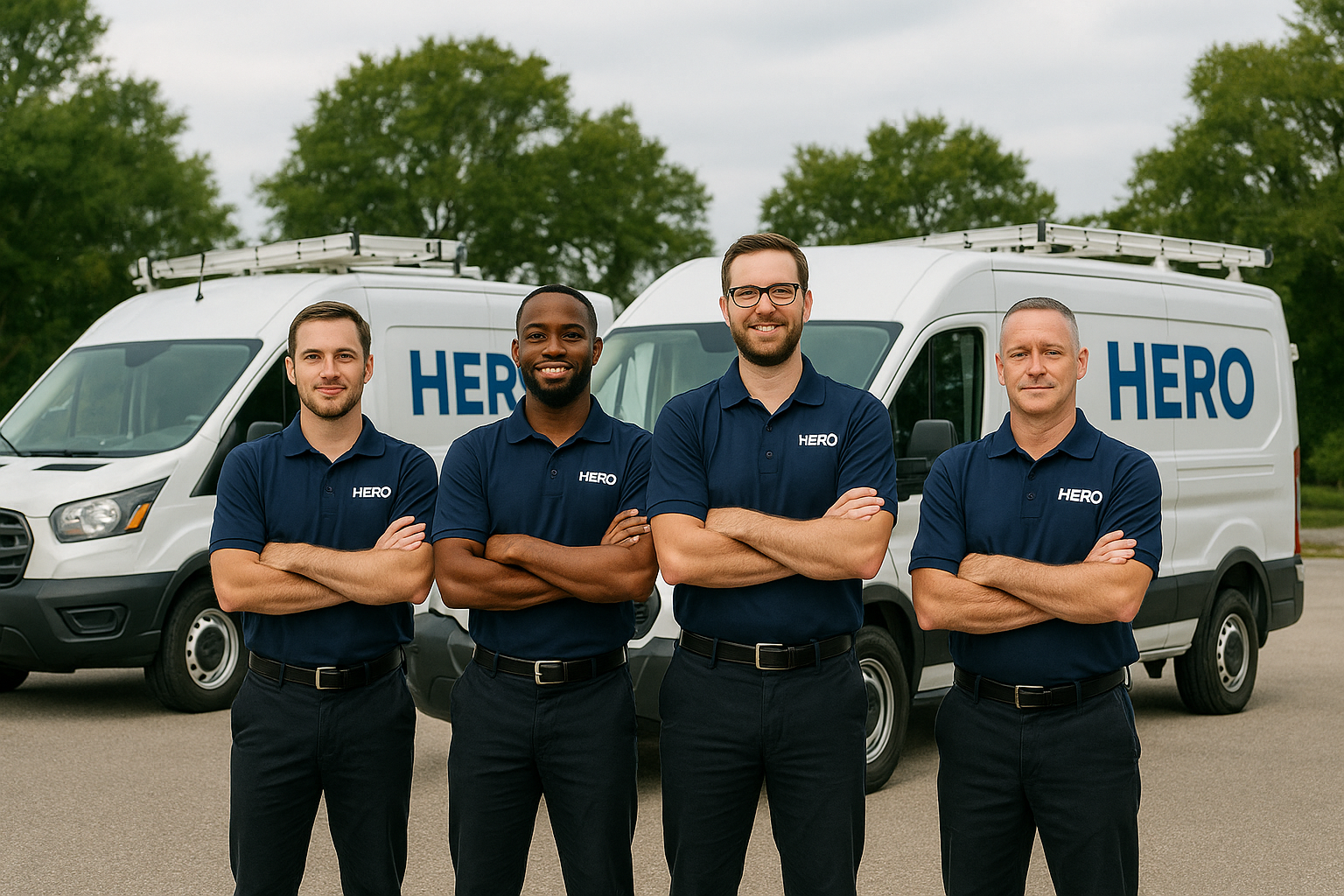 Four HERO Managed Services technicians standing in front of branded service vans, ready for onsite IT support.