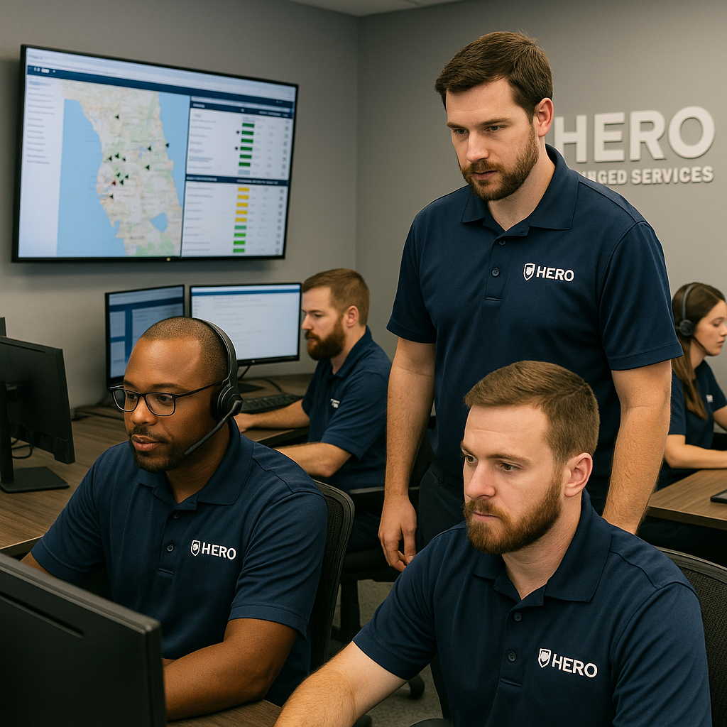 HERO Managed Services engineers coordinating onsite IT support from a modern dispatch center.