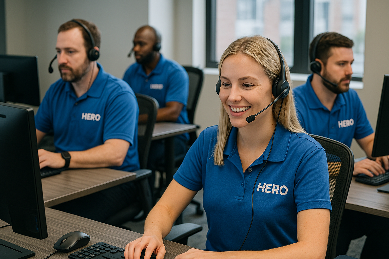 HERO Remote Support Engineers at Work HERO IT support team providing remote assistance in a modern call center, wearing headsets and blue uniforms