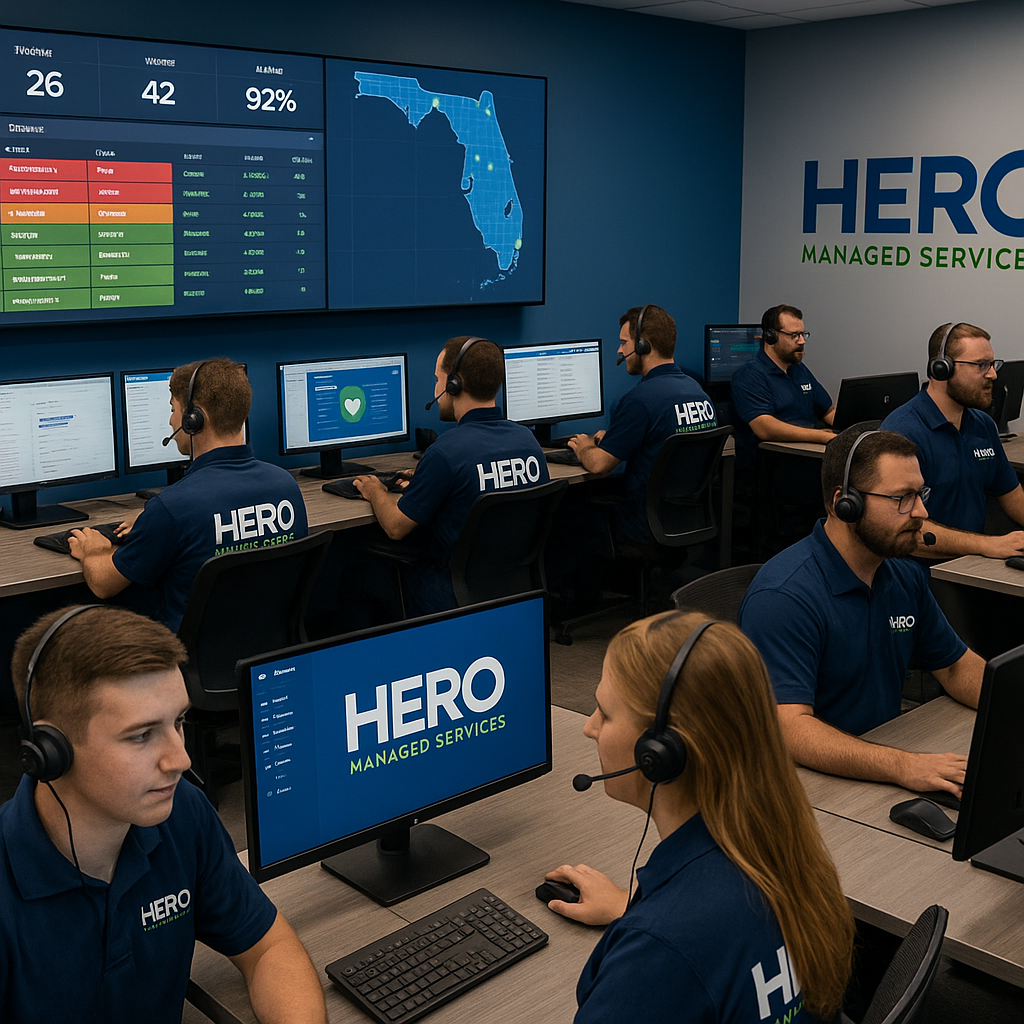 HERO IT Support Dispatch Center in Action HERO Managed Services dispatch center with IT technicians at desks providing remote support