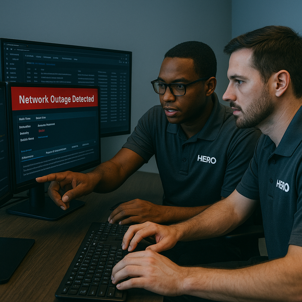Two HERO engineers working together to resolve a detected network outage