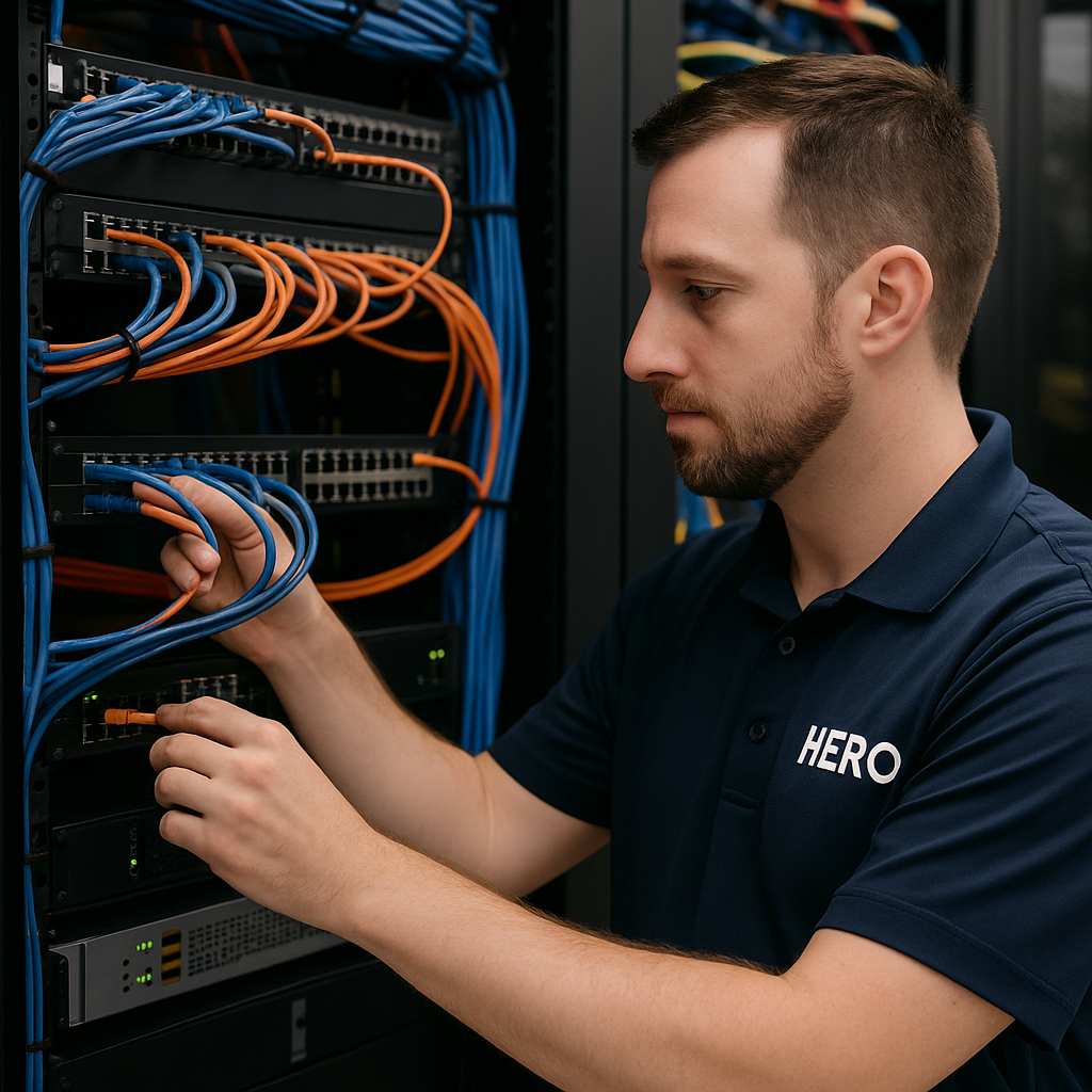 HERO Network Specialist Managing Critical Infrastructure HERO technician connecting network cables in a data center rack
