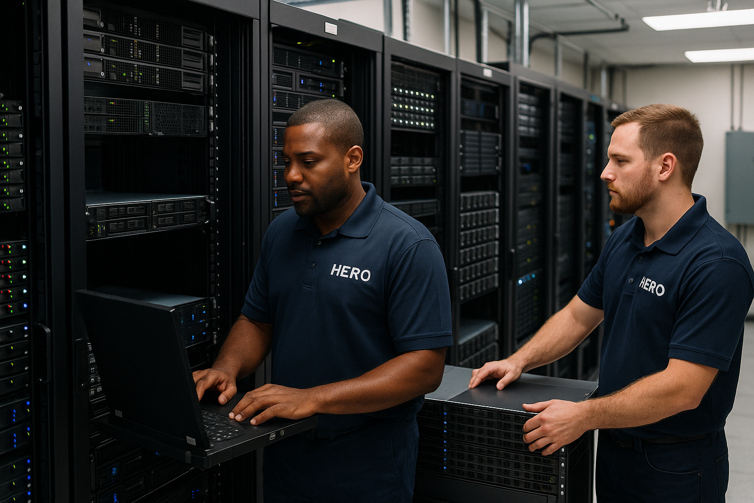 HERO engineers working on backup servers and disaster recovery systems in a secure data center.