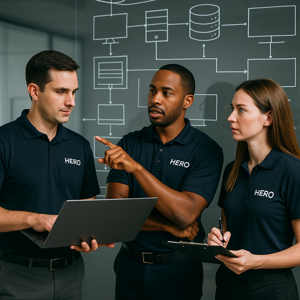 Three HERO IT project engineers collaborating in front of a technical diagram