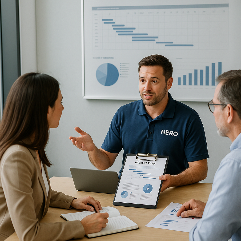 HERO Project Manager Reviews IT Project Plan with Clients HERO project manager presenting an IT project plan to clients in a meeting