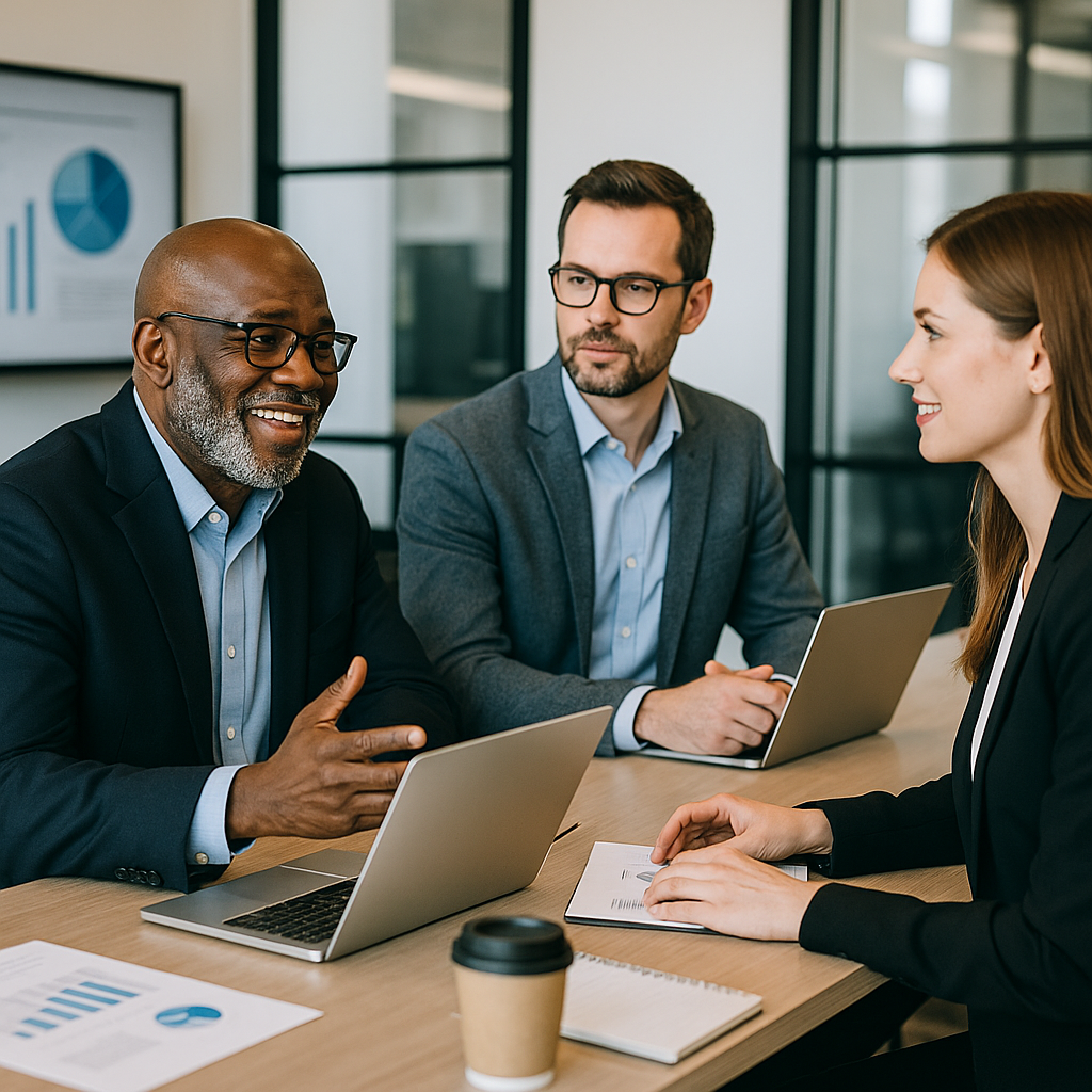 Three business professionals in a strategy meeting with laptops in a modern office