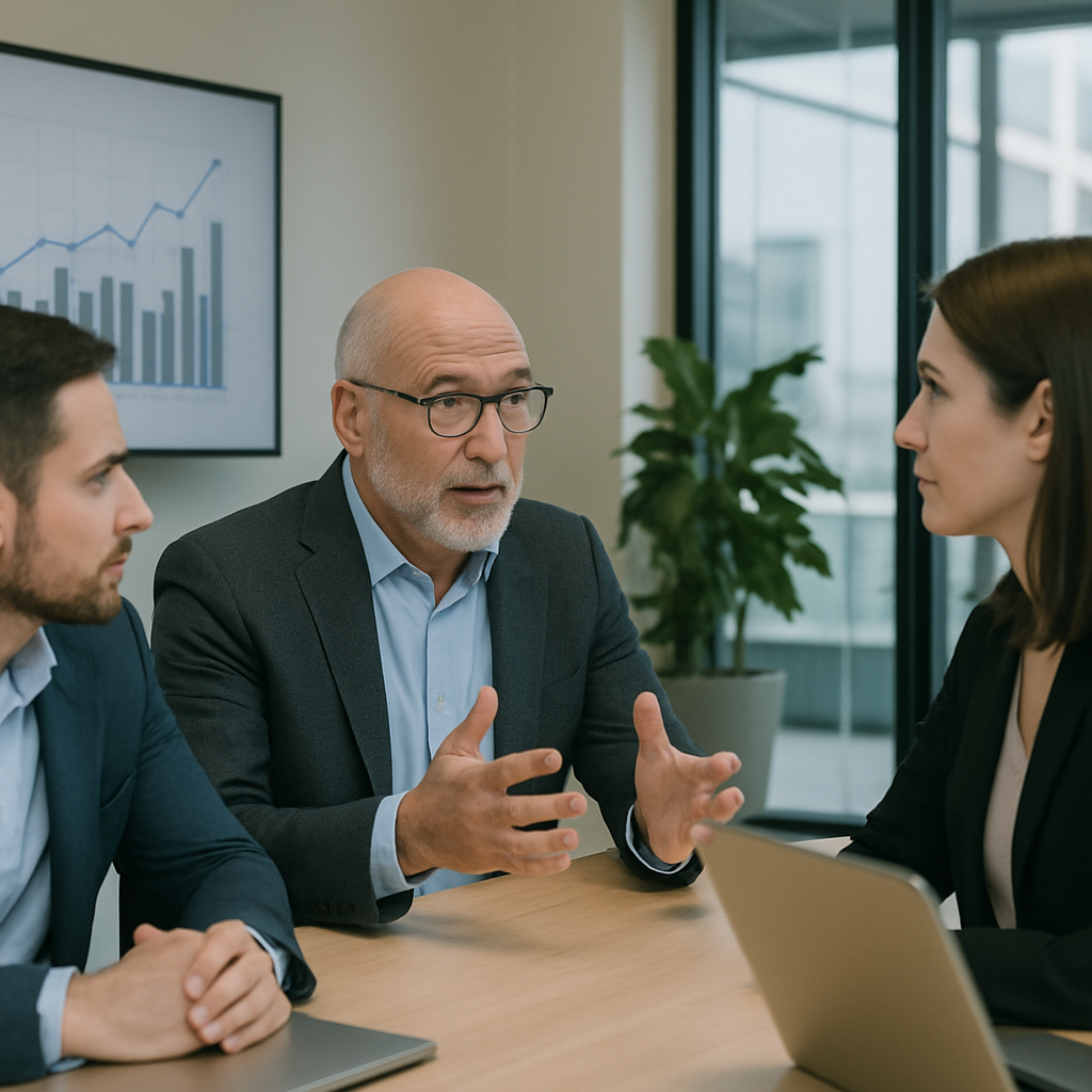 Expert IT Consulting Session in a Modern Office Setting Three professionals in a business consulting meeting with data chart in background