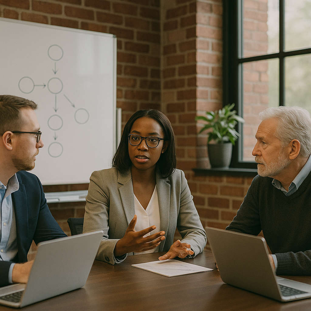 IT Consulting Strategy Discussion in Modern Brick-Walled Office Three professionals in a strategy meeting with a whiteboard and laptops