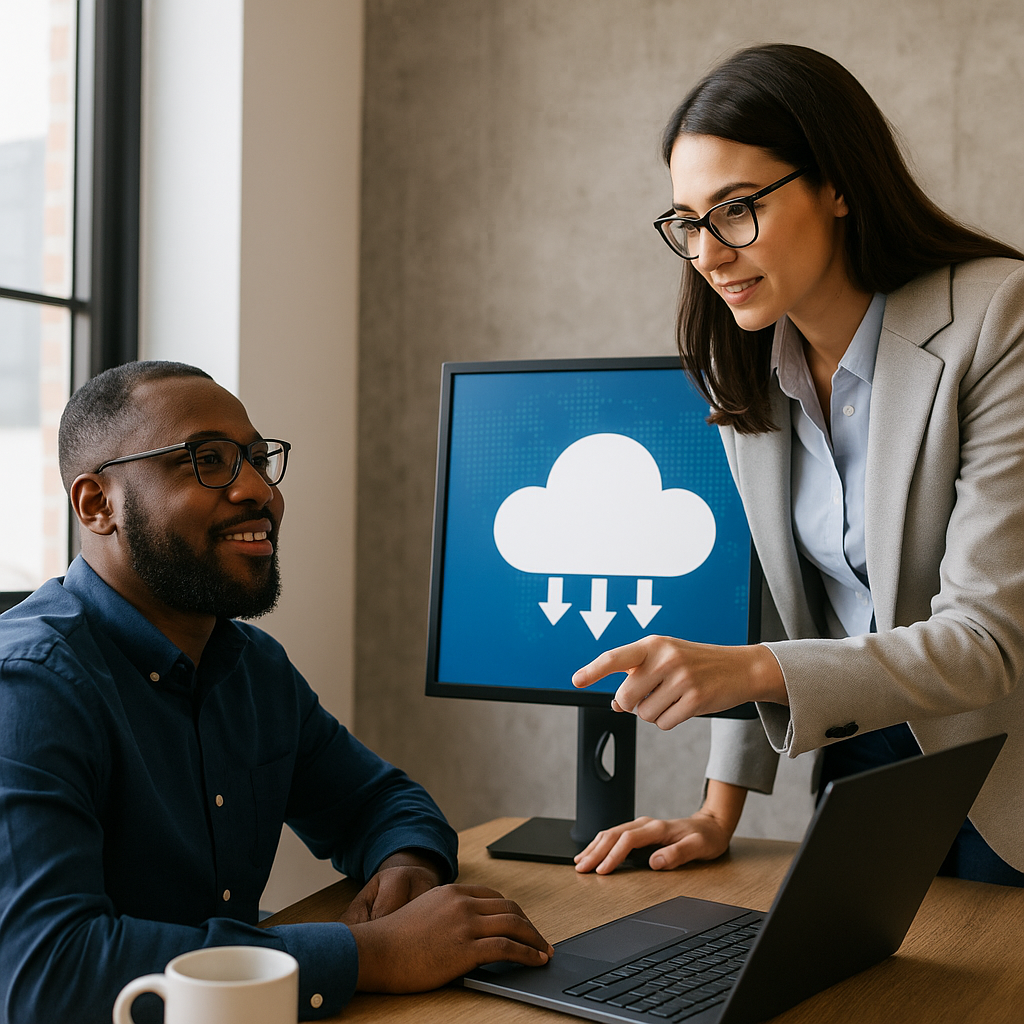 Two professionals collaborating on a cloud computing project in a modern office