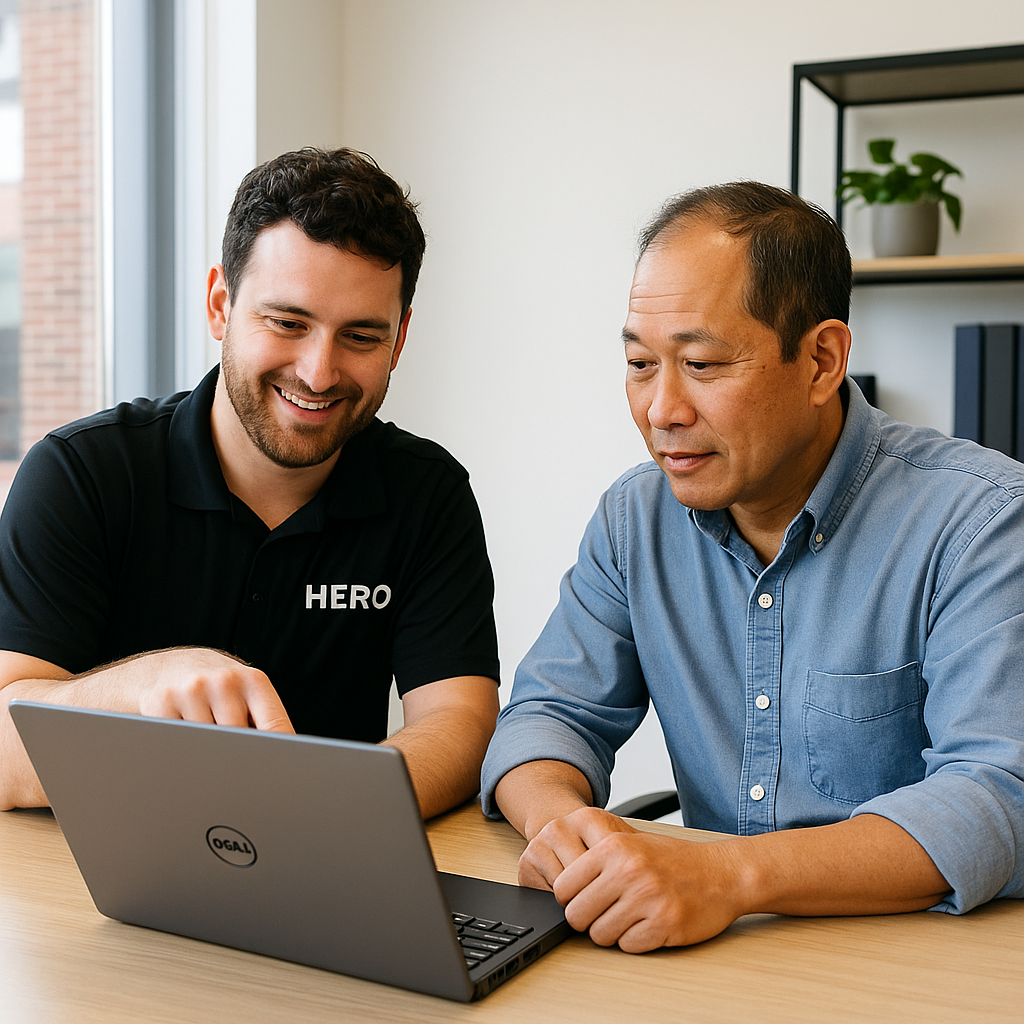HERO engineer assisting a small business owner with IT support and cybersecurity in a modern office.