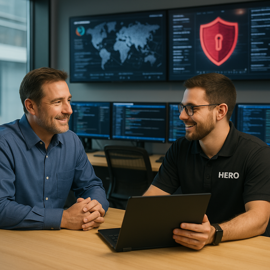 Cybersecurity engineer in HERO polo consulting with a client in a modern security operations center