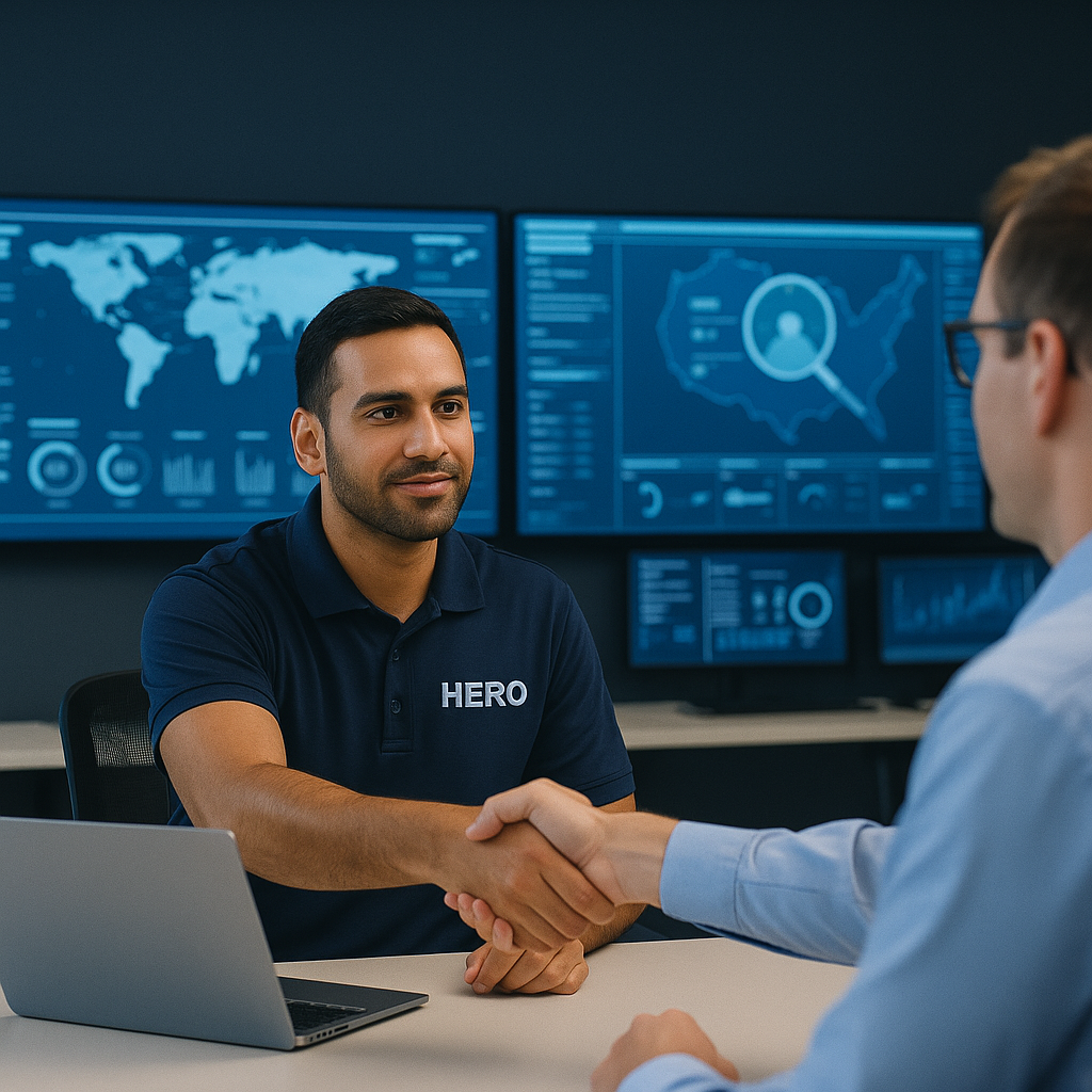 HERO Managed Cybersecurity Consultation in Security Operations Center HERO cybersecurity engineer consulting with a business client in a modern security operations center with data dashboards on large monitors