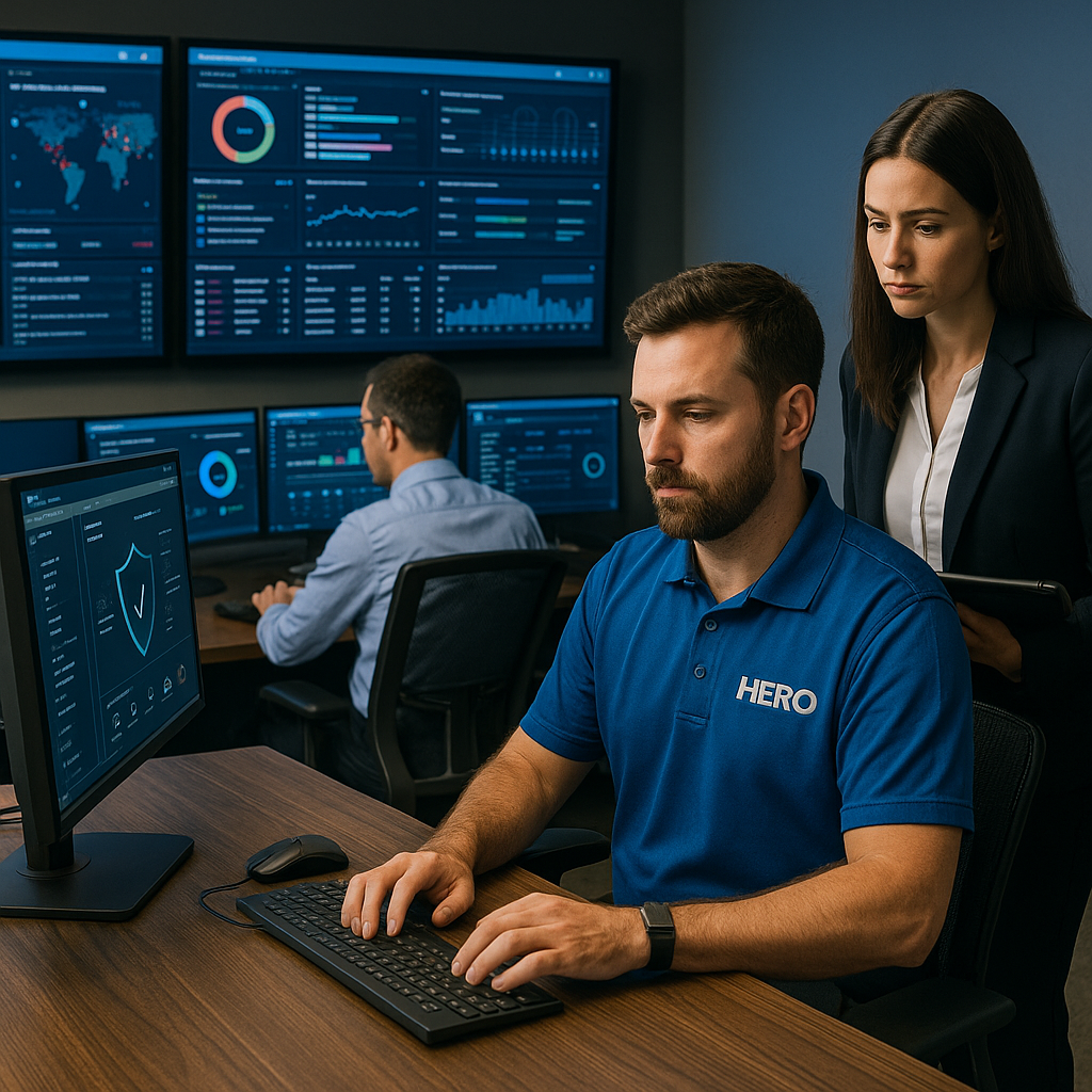 HERO cybersecurity engineers monitoring threat dashboards in a modern Security Operations Center