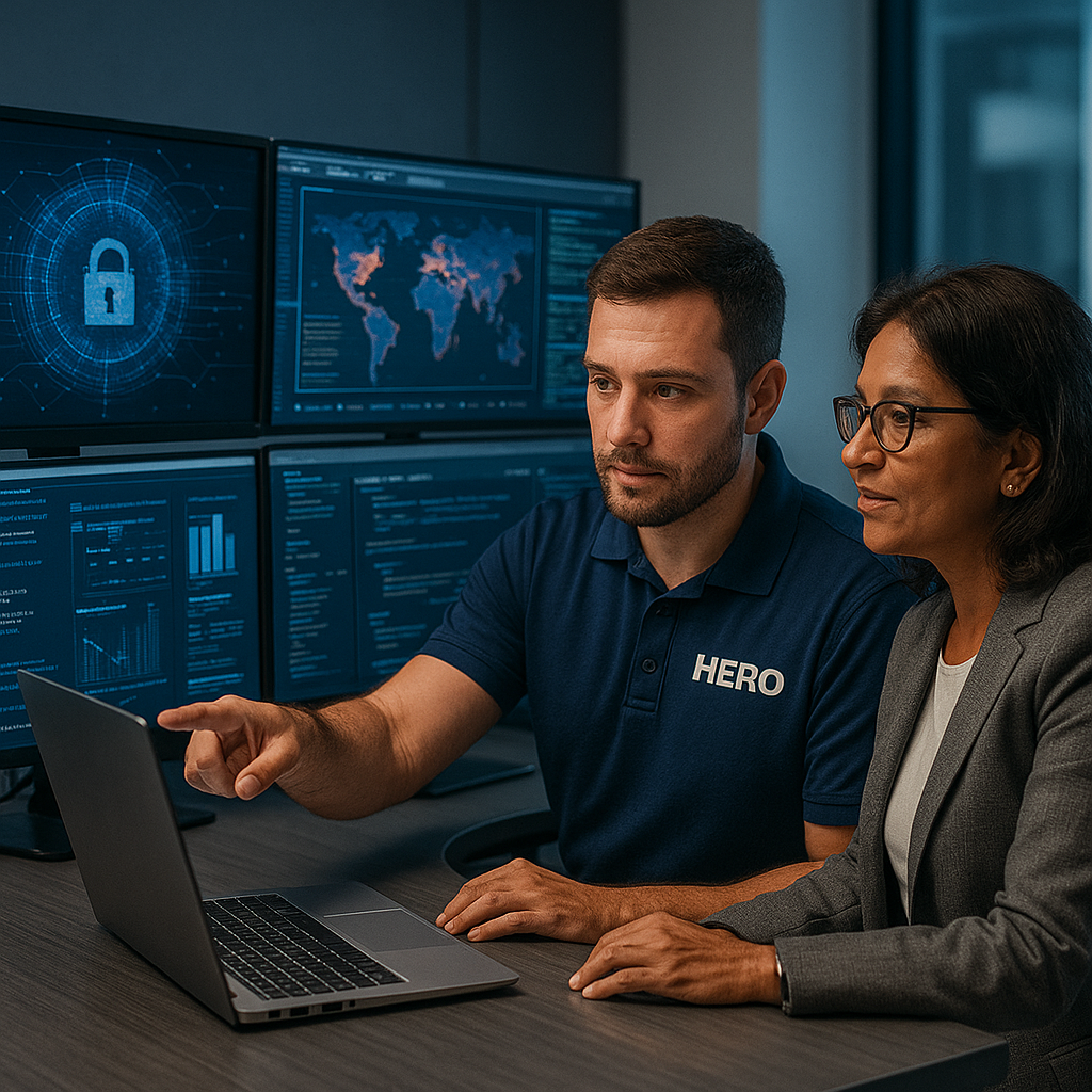HERO cybersecurity engineer in branded polo consulting with a client while reviewing endpoint protection dashboards