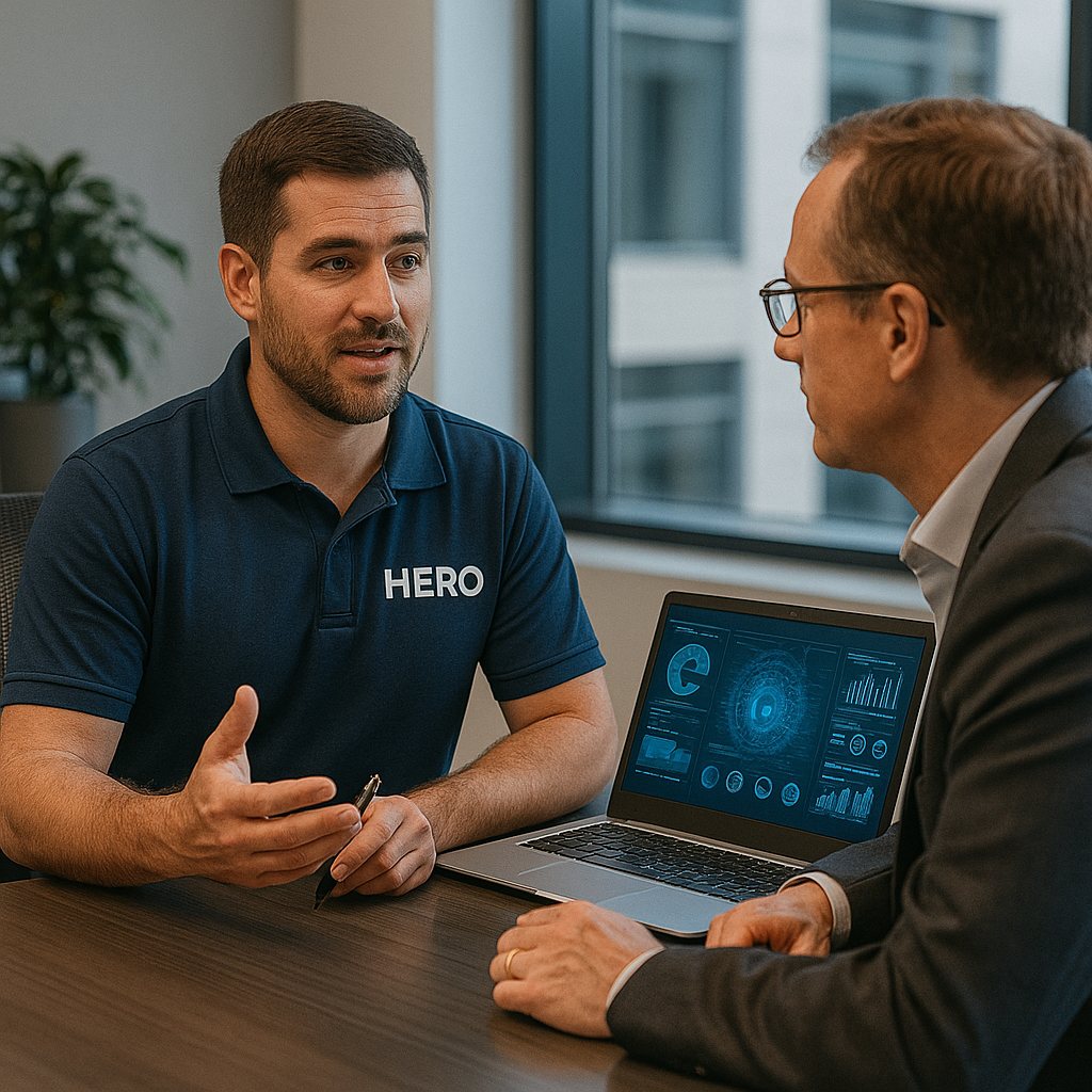 HERO cybersecurity engineer consulting with a business client about endpoint protection strategies
