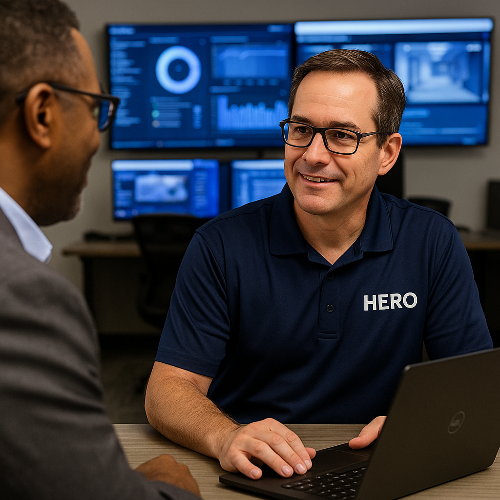 HERO cybersecurity engineers collaborating in a modern security operations center to deliver managed detection and response services.