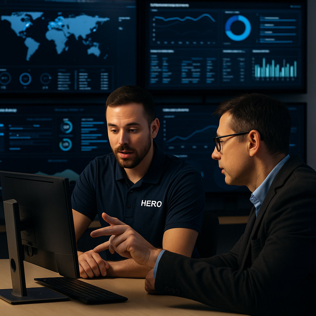 Why Businesses Rely on HERO for Managed Detection and Response HERO cybersecurity engineer collaborating with a business leader while reviewing real-time security dashboards in a modern operations center.
