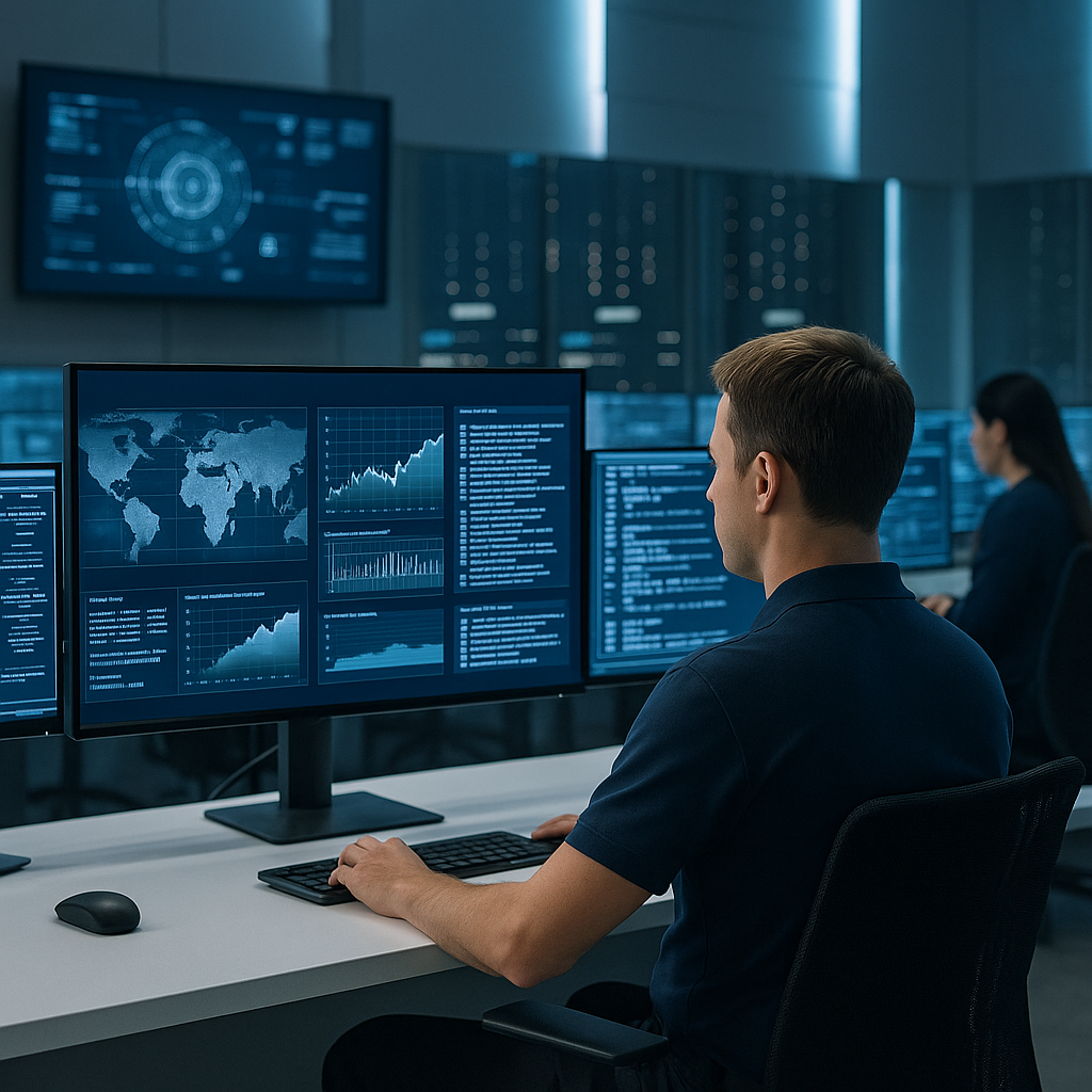 Cybersecurity engineer in operations center monitoring real-time SIEM dashboards on multiple screens.