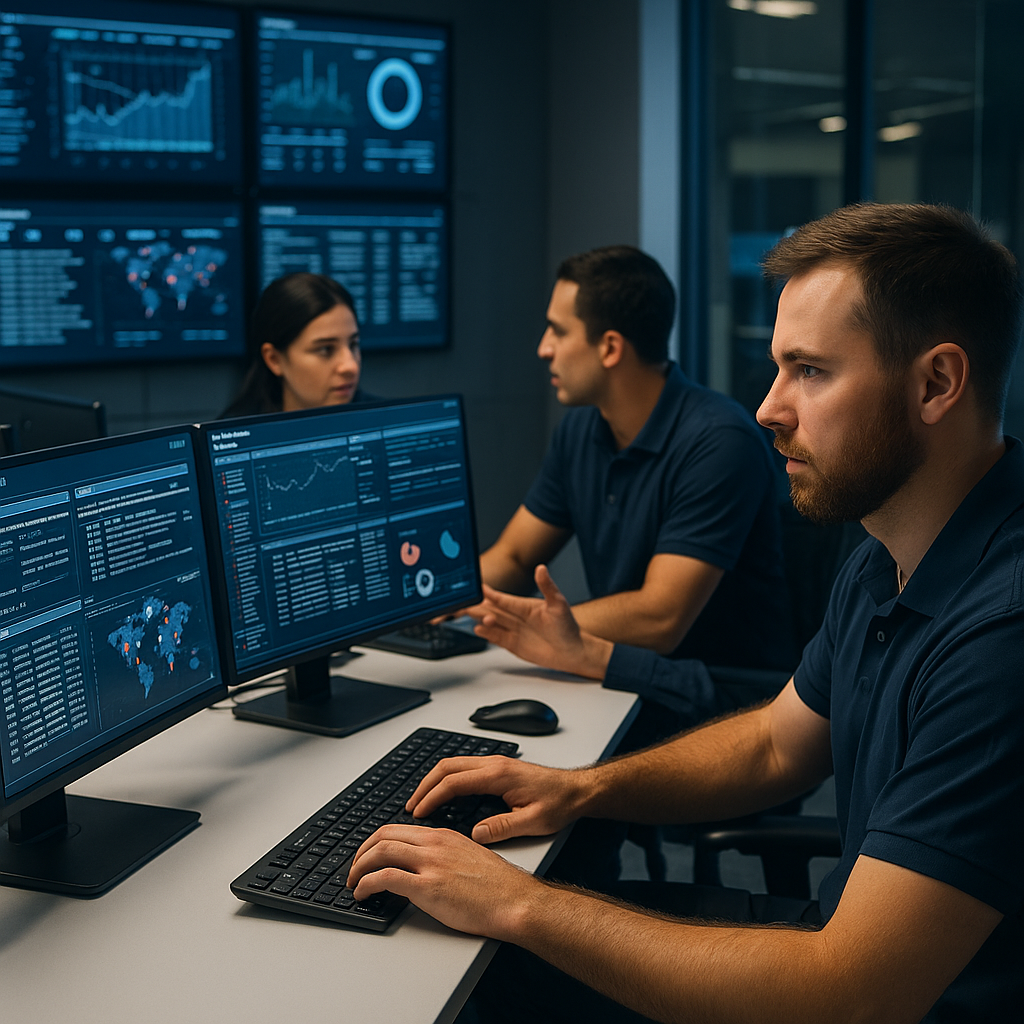 HERO Engineers Analyzing SIEM Data in Security Operations Center HERO engineers collaborating in a security operations center while monitoring SIEM dashboards on multiple screens.