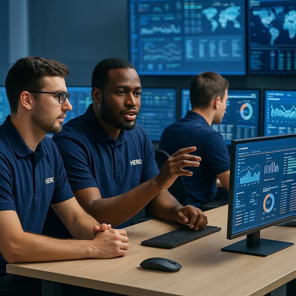 HERO Team Collaborating on SIEM Security Monitoring HERO engineers collaborating in a high-tech security operations center while reviewing SIEM dashboards and analytics.