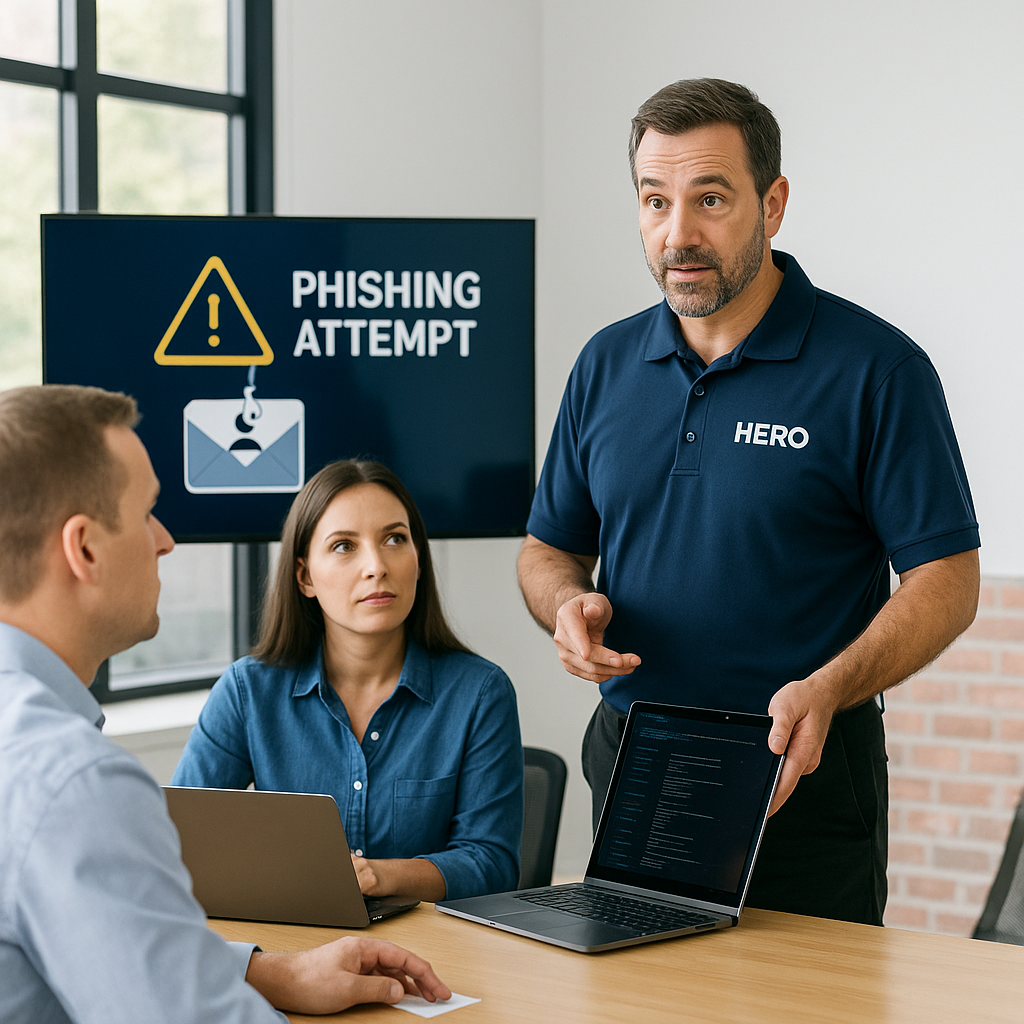 HERO engineer leading a cybersecurity awareness training session with employees in a modern office.