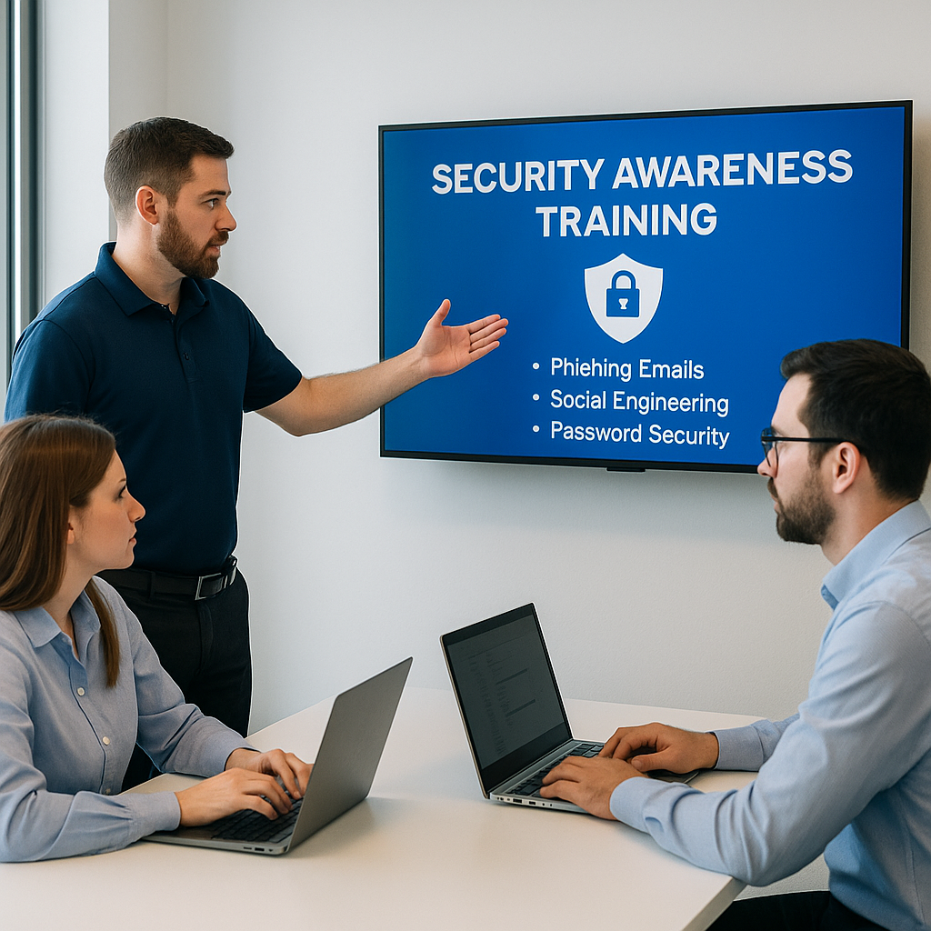 HERO Security Awareness Training Demonstration with Employees HERO engineer leading a security awareness training session with employees in a modern office.