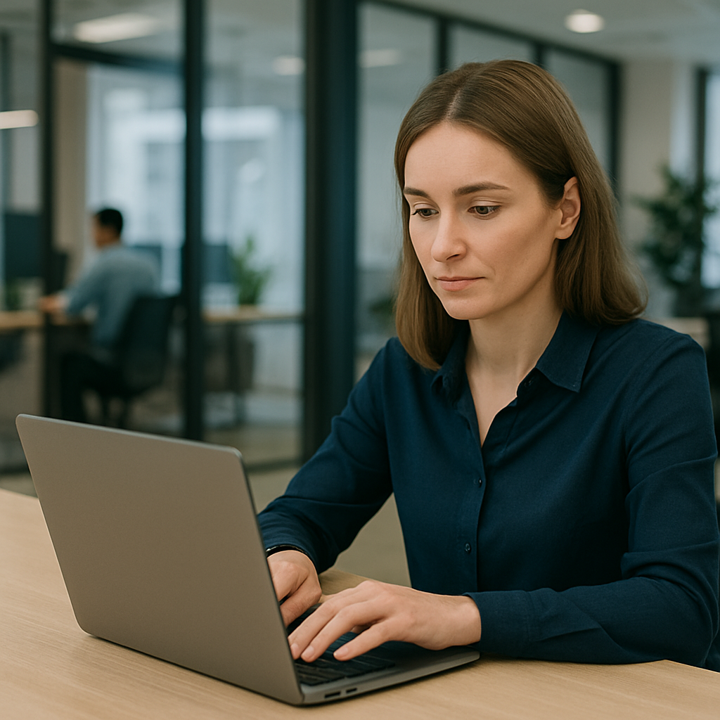 Focused Employee Engaged in Security Awareness Training Professional businesswoman working on a laptop in a modern office.