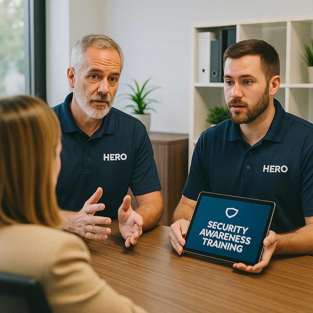 Why Businesses Choose HERO for Phishing Training HERO engineers delivering phishing awareness training to business customers in a conference room.