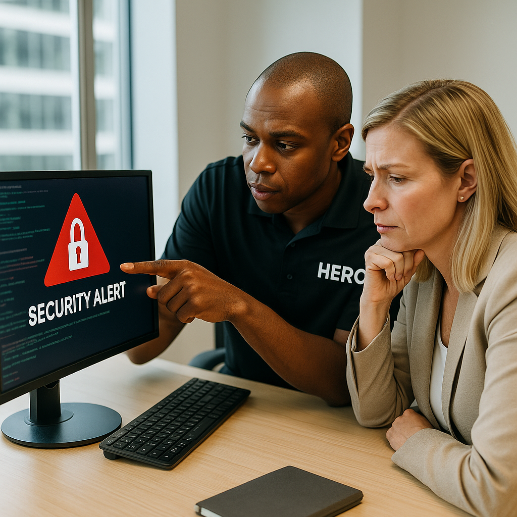 HERO engineer reviewing breach alerts with a business professional in a modern office.