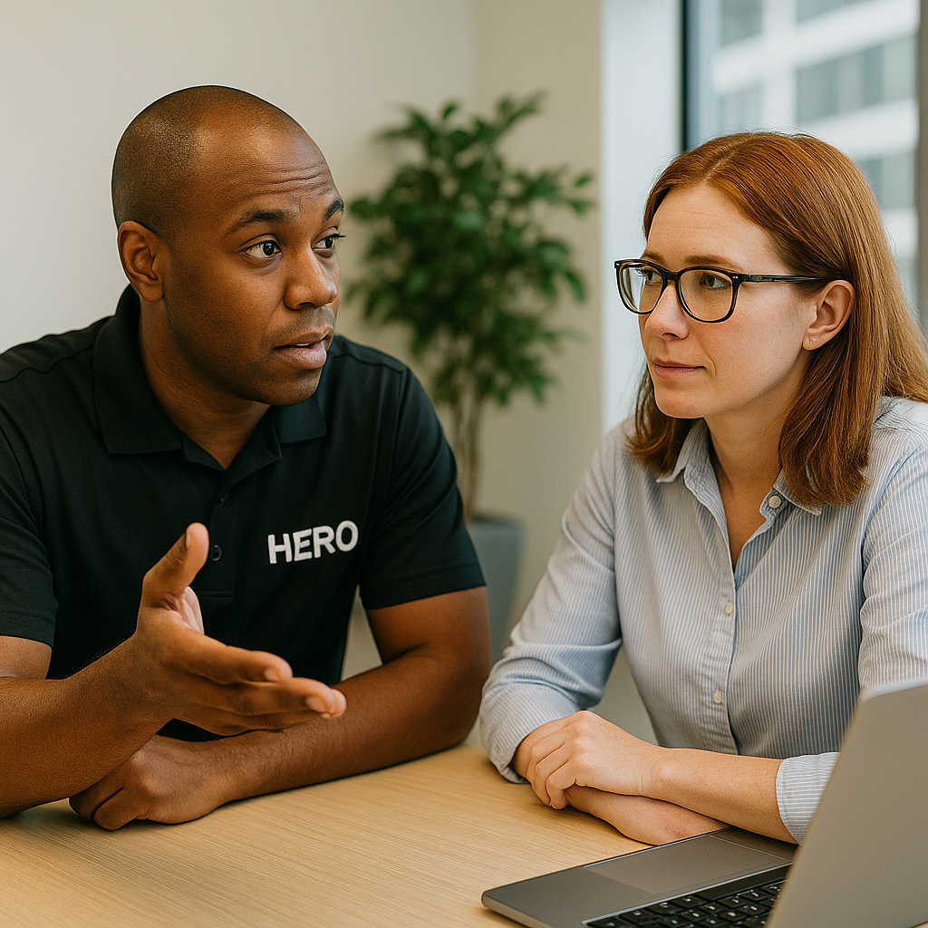 Breach Verification Services by HERO HERO engineer consulting with a client about breach verification findings in a modern office.