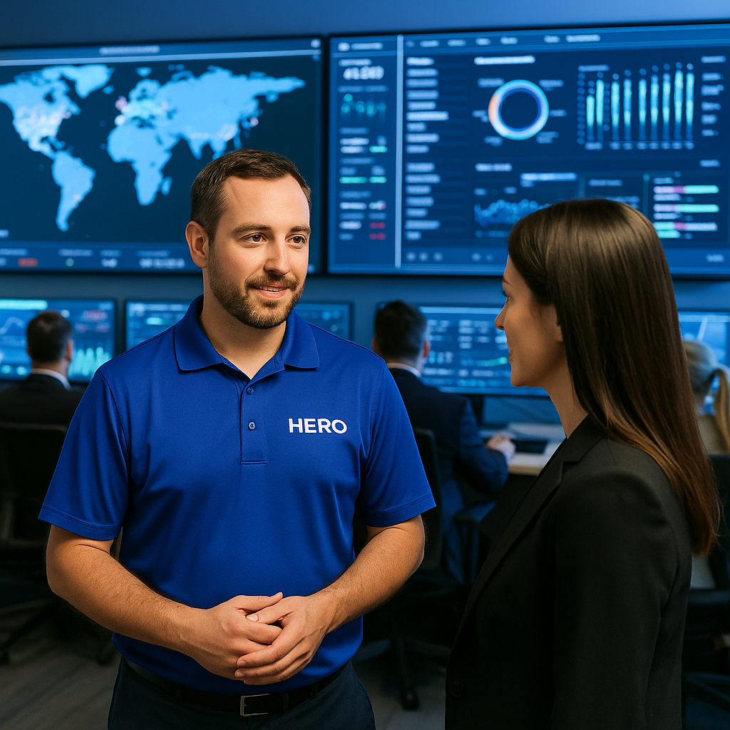 HERO Engineers Conduct Breach Verification in Data Center HERO cybersecurity engineers in branded polos reviewing breach verification data inside a modern data center.