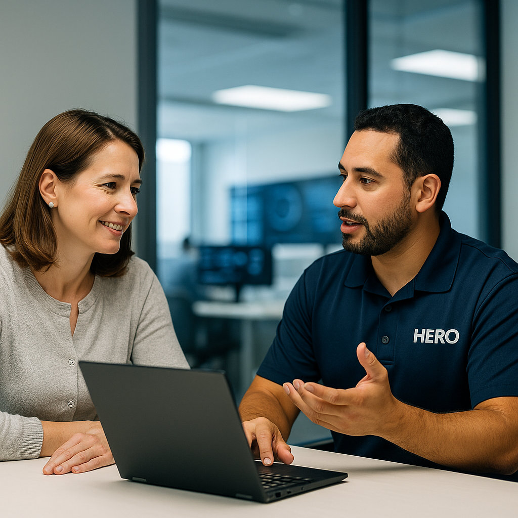 HERO engineer in polo consulting with a business executive about vCISO strategy on a laptop.