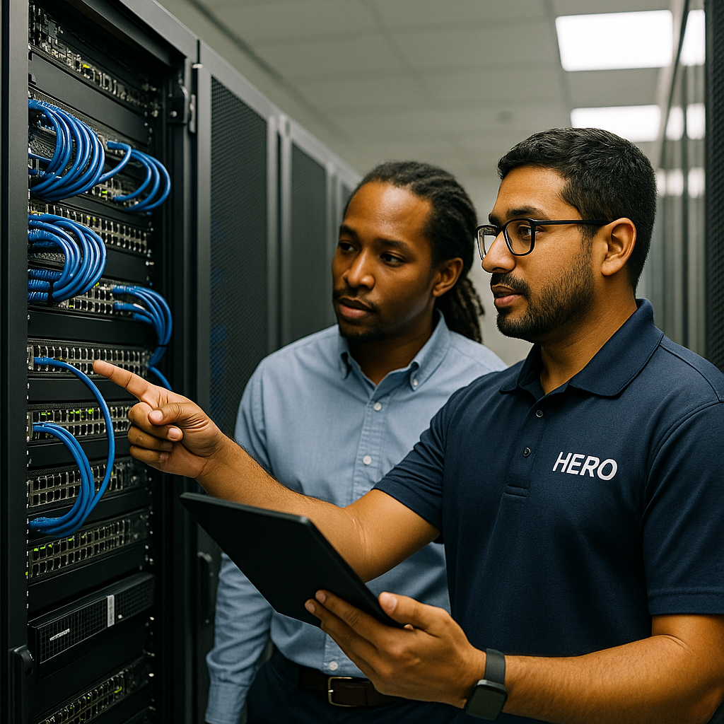 Why Businesses Choose HERO for vCISO Services HERO engineer in polo reviewing server racks with a client inside a modern data center.