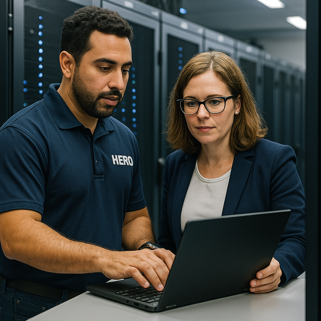 HERO vCISO Services in Action HERO engineer in polo working with a business leader in a data center on vCISO service results.