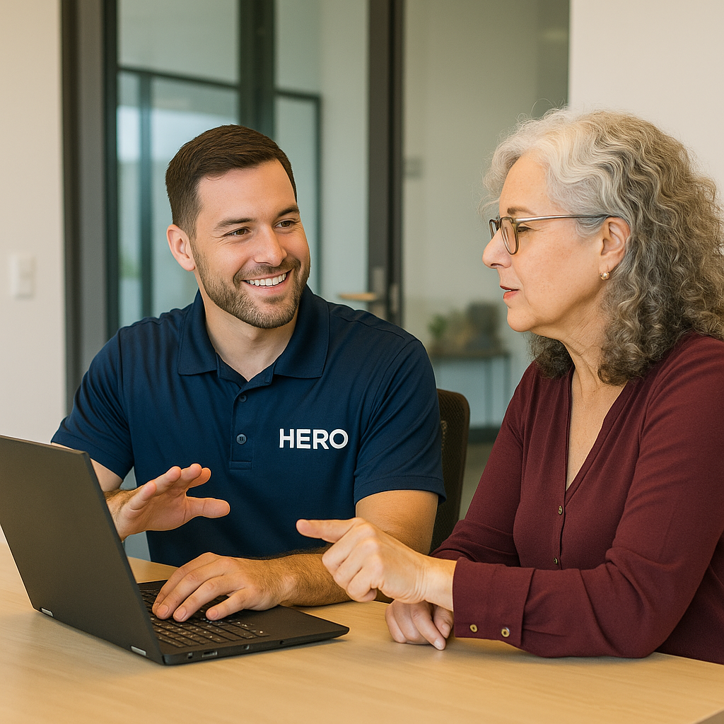 Why Small Businesses Choose HERO IT Support HERO engineer consulting with a small business owner about IT strategy and cybersecurity in a modern conference room.