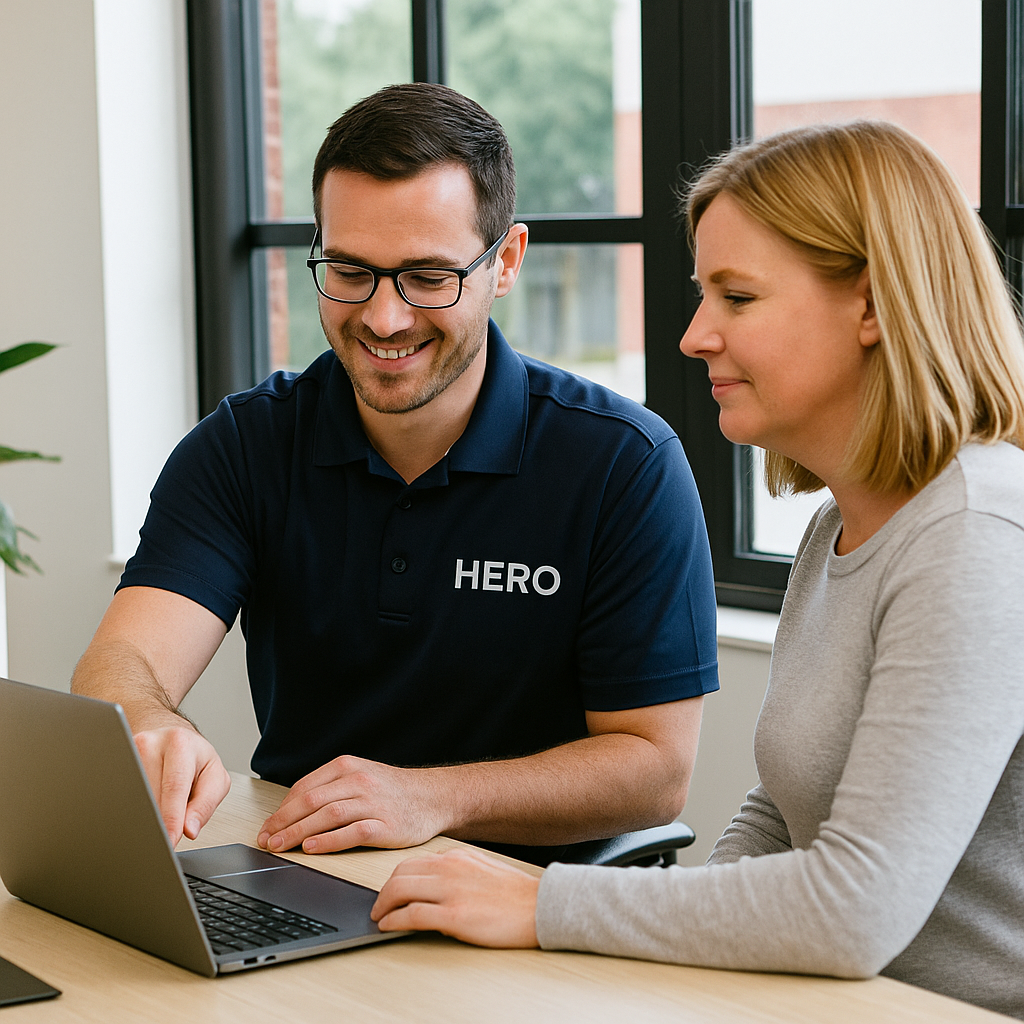 How HERO Delivers Value to Small Businesses HERO engineer assisting a small business owner with IT reports and cybersecurity planning on a laptop.