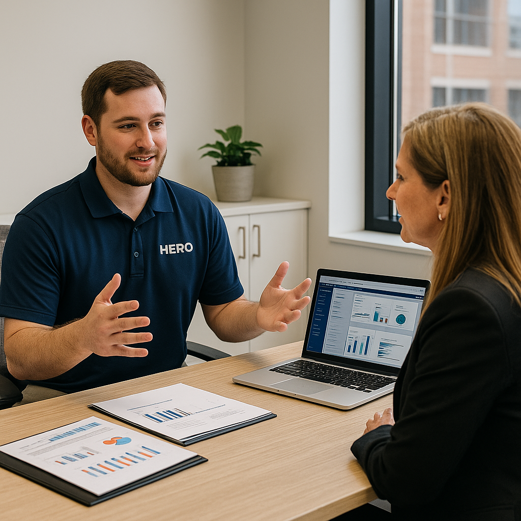 How HERO Delivers Value for Accounting Firms HERO engineer reviewing IT and cybersecurity reports with a CPA in a modern office.