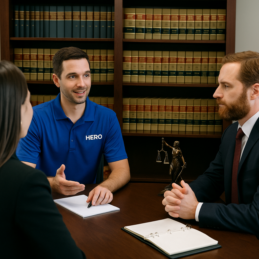 HERO engineer consulting with attorneys in a law office about IT challenges and cybersecurity.