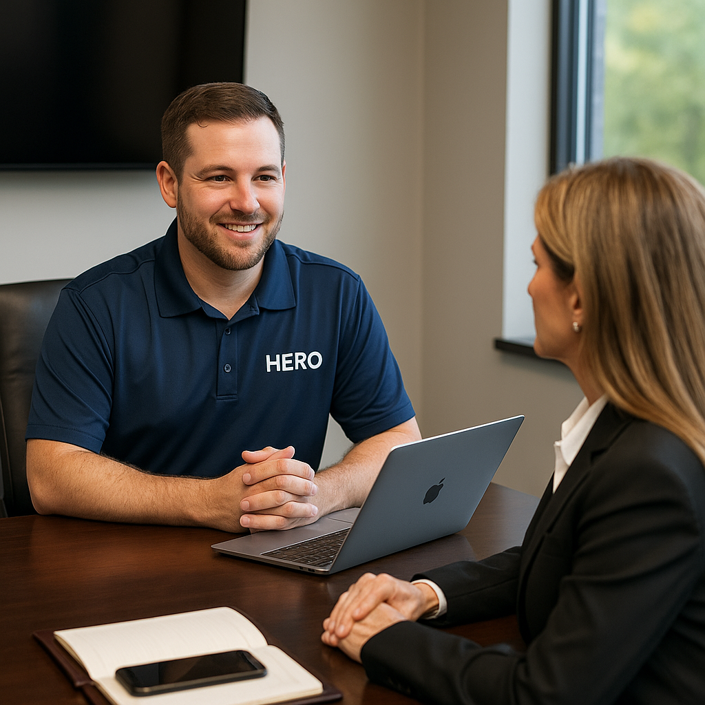 Why Law Firms Choose HERO IT Support HERO engineer consulting with a law firm partner about IT strategy and cybersecurity in a conference room.