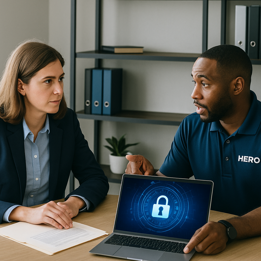 How HERO Delivers Value for Law Firms HERO engineer reviewing cybersecurity and IT reports with an attorney in a modern law office.